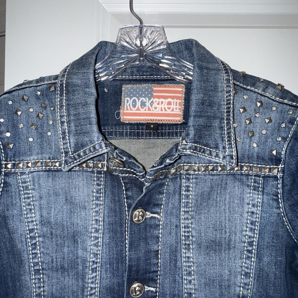 Rock & Roll Jean Jacket Women's Stretch Denim Studded Dark Wash Size S
